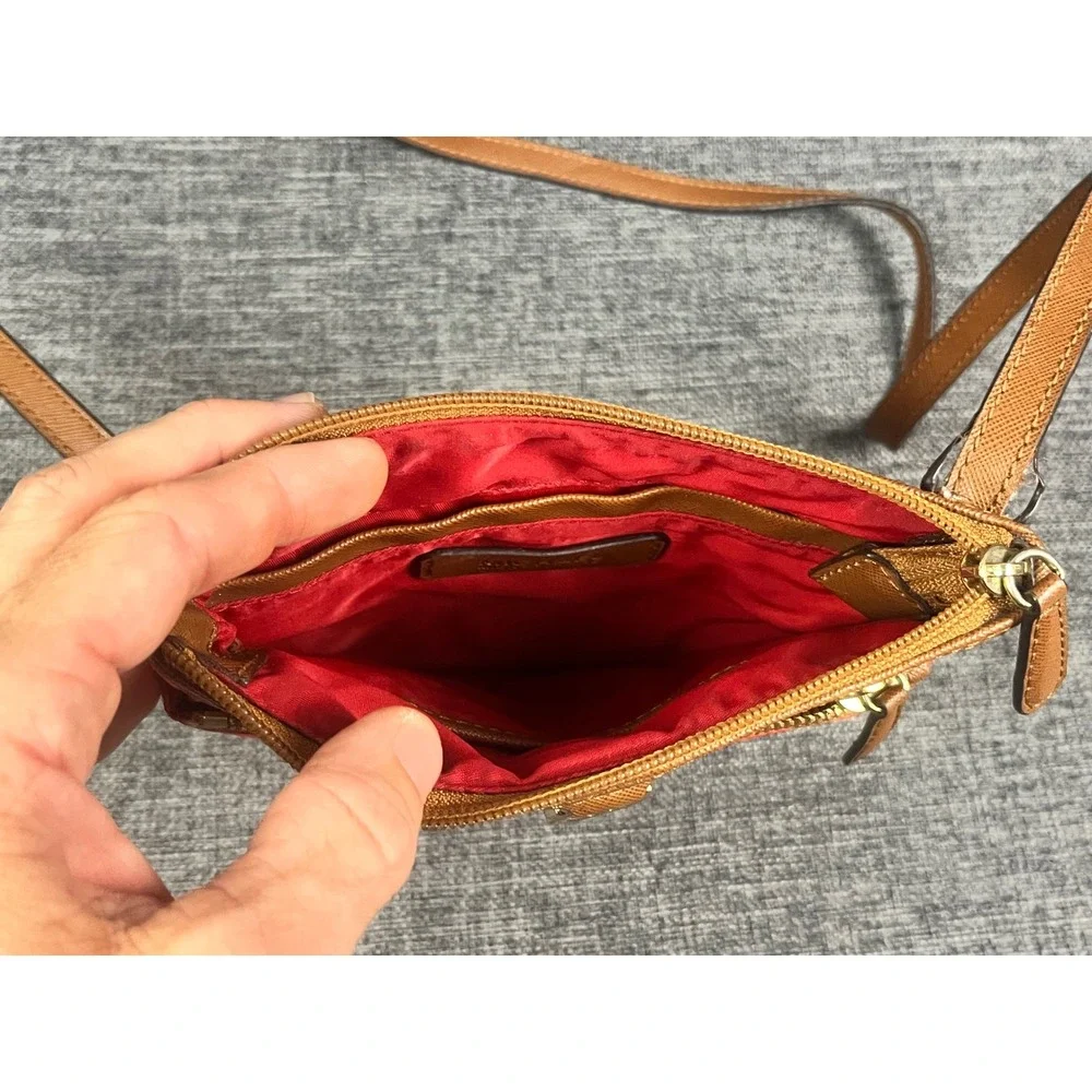 Michael Kors Red Nylon Tan Leather Trim Crossbody Bag Gold Logo Small Messenger
